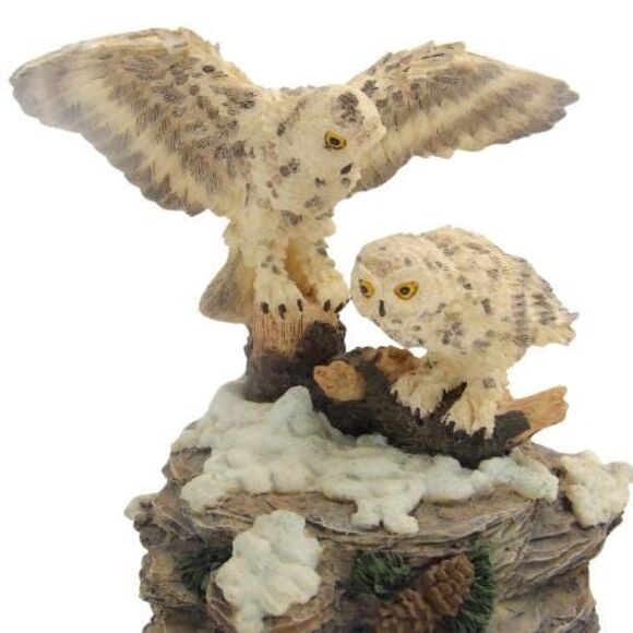 Resin Mother and Baby White Owl Wind Up Music Box - Picture 2 of 6